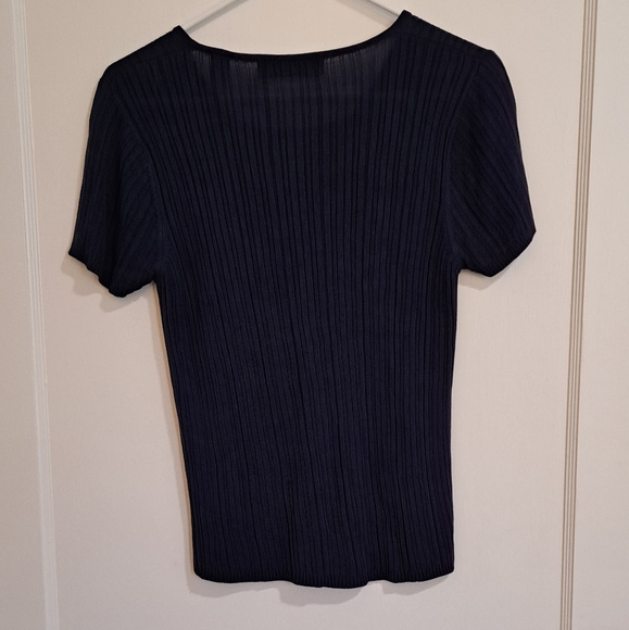 Amanda Smith Navy Blue Ribbed Short Sleeve 75% Silk Scoop Neck Blouse Size M - Picture 2 of 6